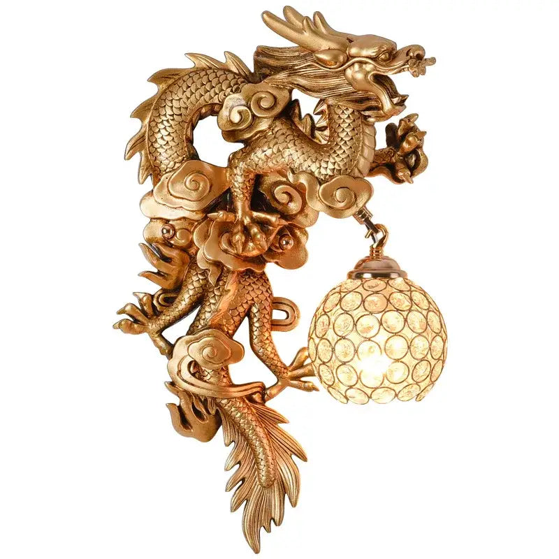 Luxury golden dragon phoenix wall light with intricate scales and cloud motifs featuring glass sconce shade decorbites dragon phoenix