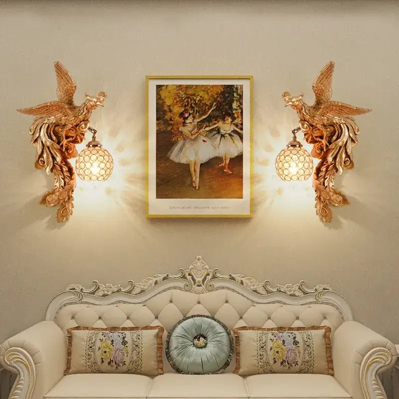 Luxury golden dragon phoenix wall light featuring intricate phoenix wall light design with honeycomb glass shades for decorbites dragon phoenix decor