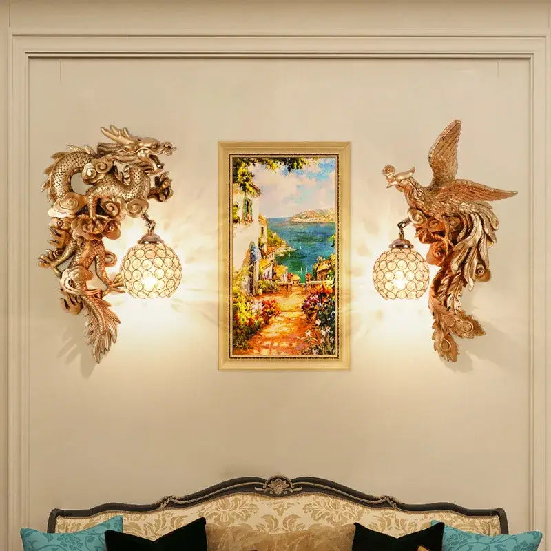 Luxury golden dragon phoenix wall light with intricate golden dragon phoenix design and spherical meshed glass shades decorbites dragon phoenix