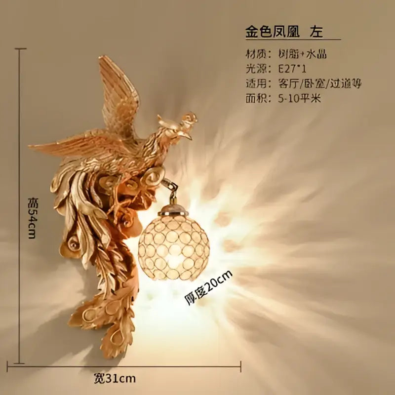 Luxury golden dragon phoenix wall light featuring intricate feathered phoenix wall light design with crystal globe decorbites dragon phoenix fixture
