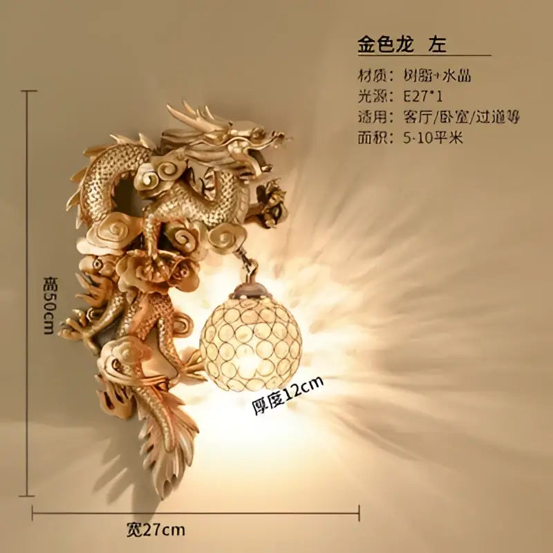 Luxury golden dragon phoenix wall light with intricate detailing and crystal globe shade for elegant decorbites dragon phoenix decor