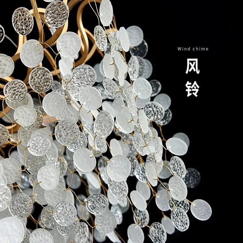 Luxury golden grapes crystal chandelier featuring delicate translucent white glass discs with gold-toned metal wires decorbites grapes crystal