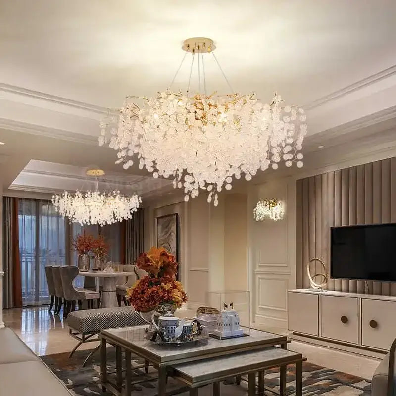 Luxury golden grapes crystal chandelier with cascading translucent white glass orbs for elegant living room decorbites crystal chandelier