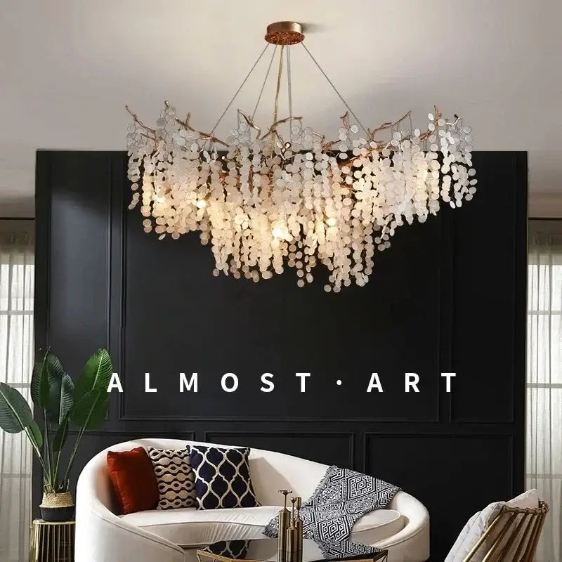Luxury golden grapes crystal chandelier with a golden fixture and translucent shell-like discs for living room decorbites