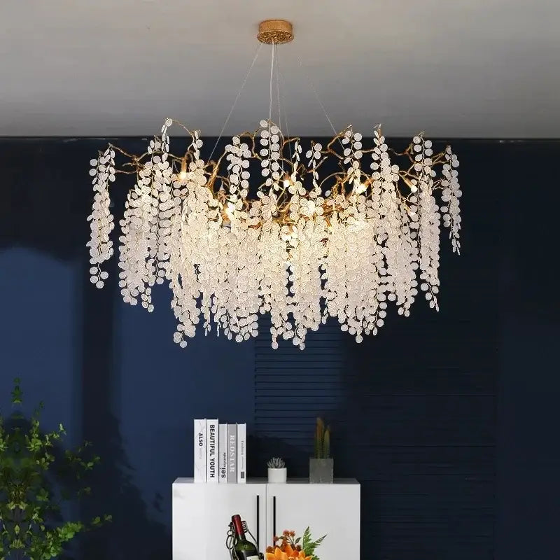 Luxury golden grapes crystal chandelier with cascading clear faceted crystal droplets for elegant living room decorbites grapes crystal pendant light