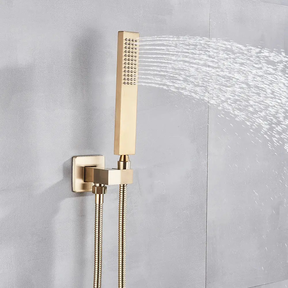 Luxury golden hammered rectangular shower faucet set featuring a gold-toned sleek shower faucet with textured spray pattern