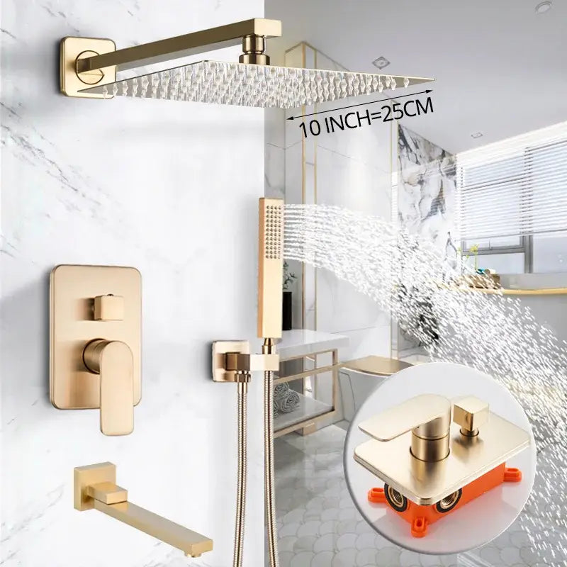 Luxury golden hammered rectangular shower faucet set with integrated handheld shower attachment in brushed gold finish