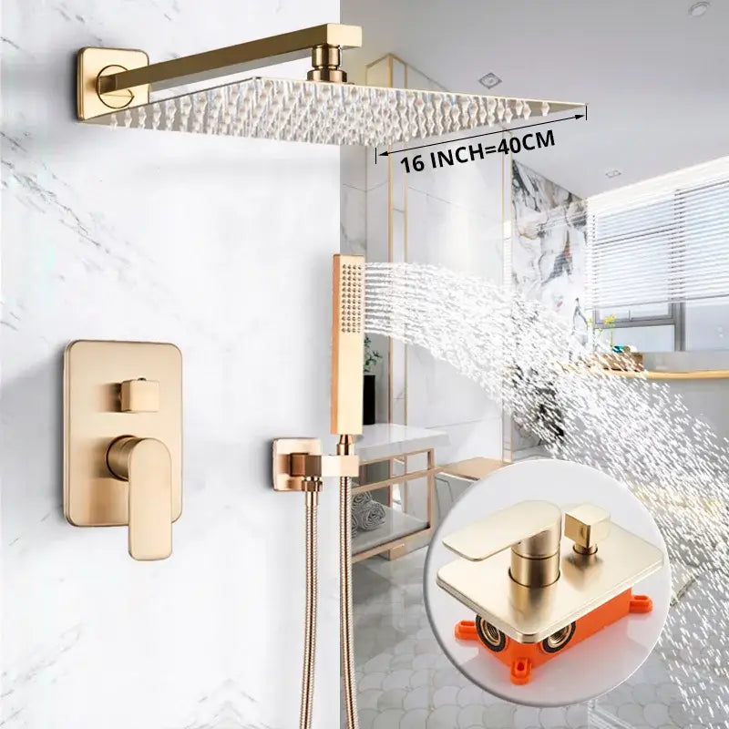 Luxury golden hammered rectangular shower faucet set with gold-toned textured rain shower head and matching wall faucet assembly