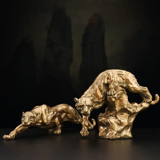 Luxury golden leopard panther figurine with textured metallic surface and dynamic pose for living room decor and gifts