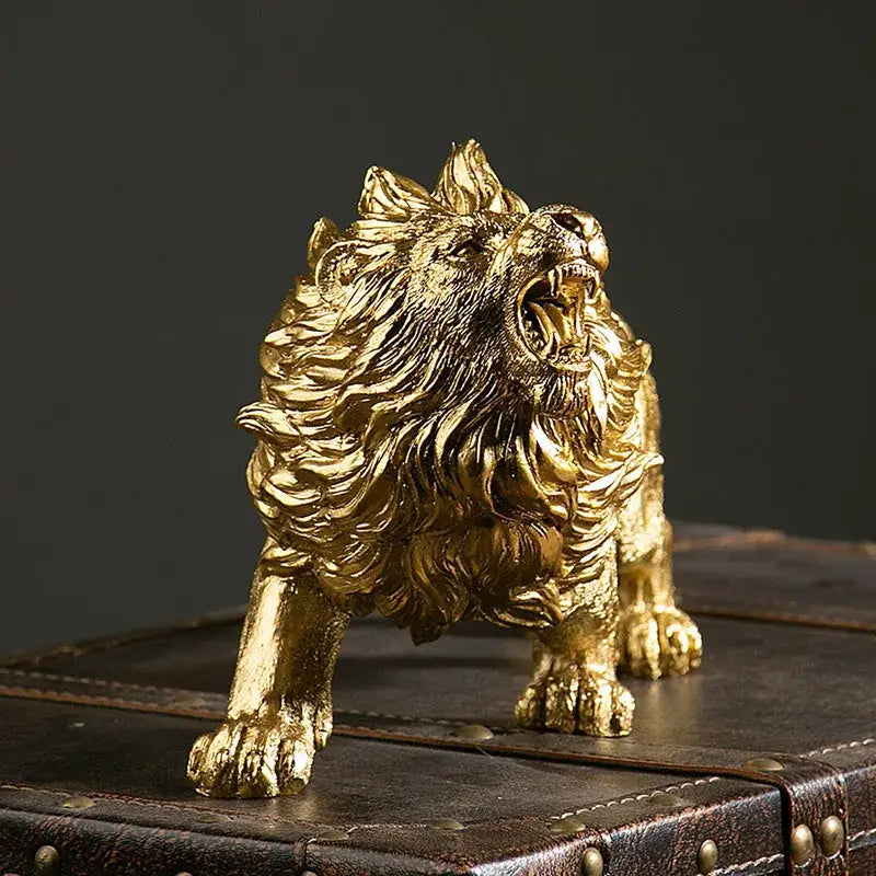 Luxury golden lion king resin figurine with detailed mane and roaring expression in metallic finish for office decor