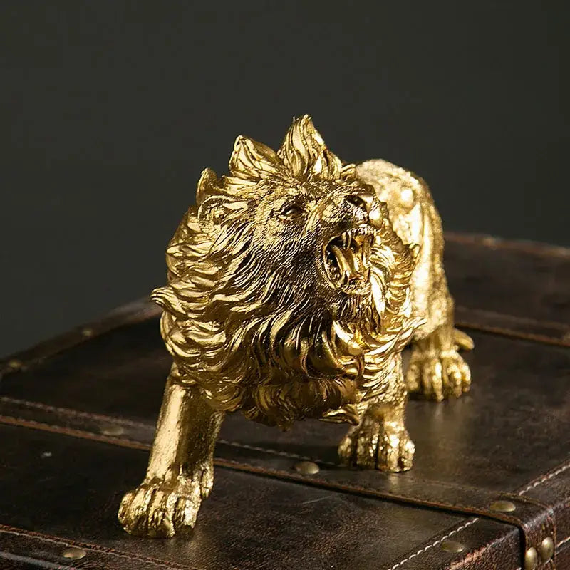 Luxury golden lion king resin figurine with metallic finish, detailed mane and roaring expression for office decor