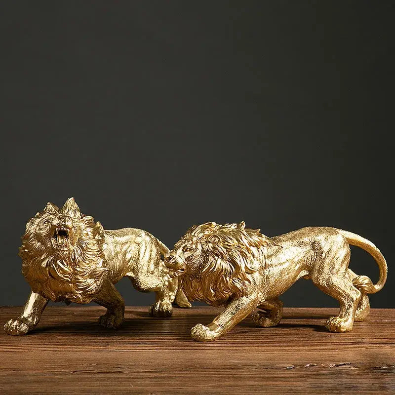 Luxury golden lion king resin figurines with detailed manes and fierce expressions for office desktop decor