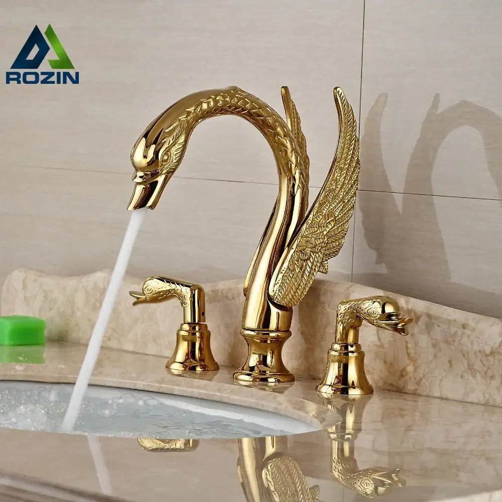 Luxury golden swan dual handle bathroom faucet with intricate feather detail and matching decorbites golden swan handles