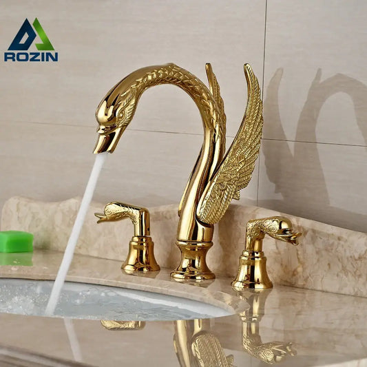 Luxury golden swan dual handle bathroom faucet with intricate feather detail and matching decorbites golden swan handles