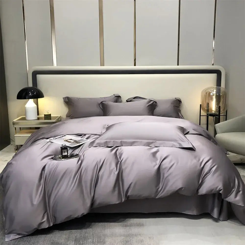 Luxury gray satin four-piece egyptian cotton bedding set with matching pillowcases and plush duvet cover