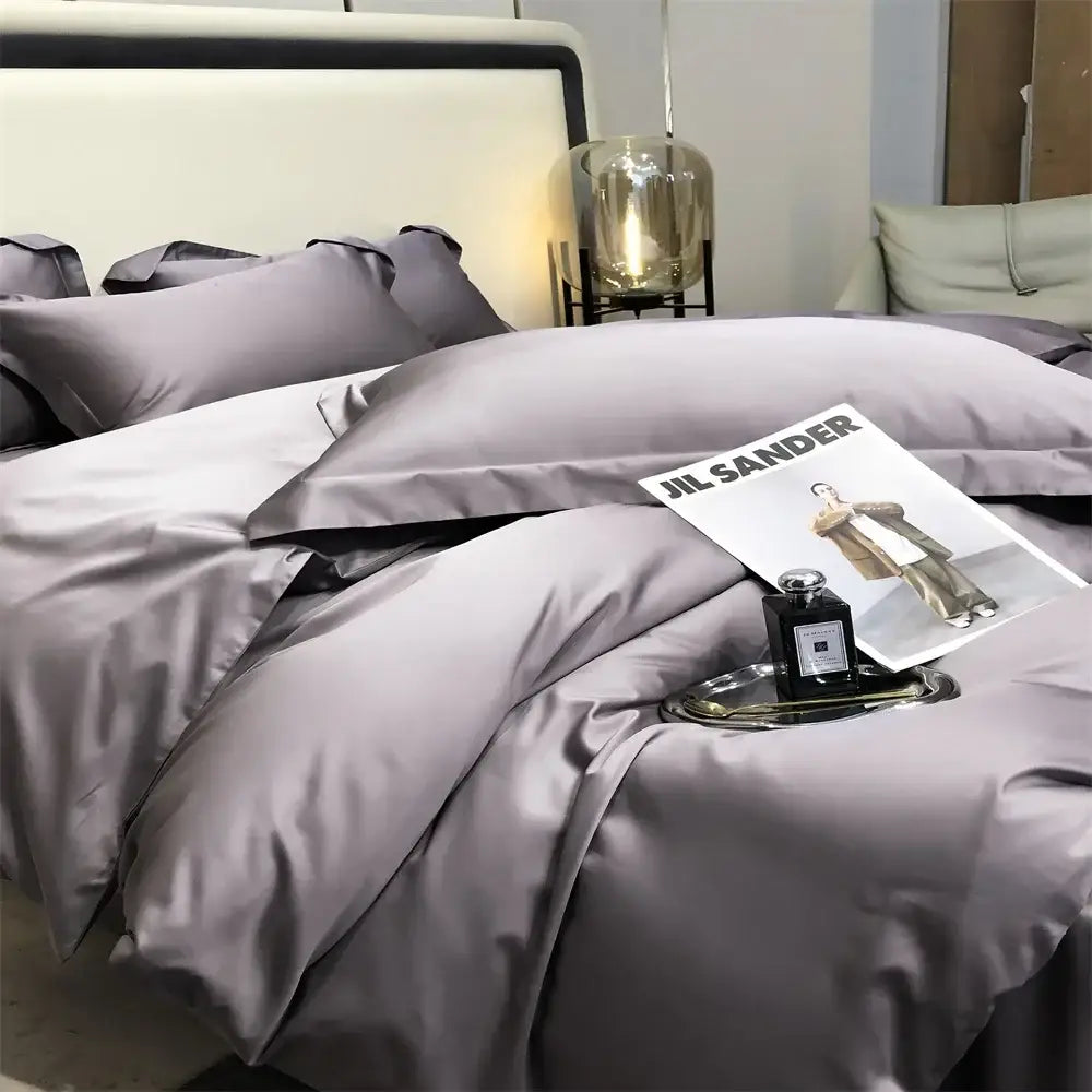 Luxury gray egyptian cotton bedding set featuring a silk-like satin finish and a smooth lustrous texture for bedrooms