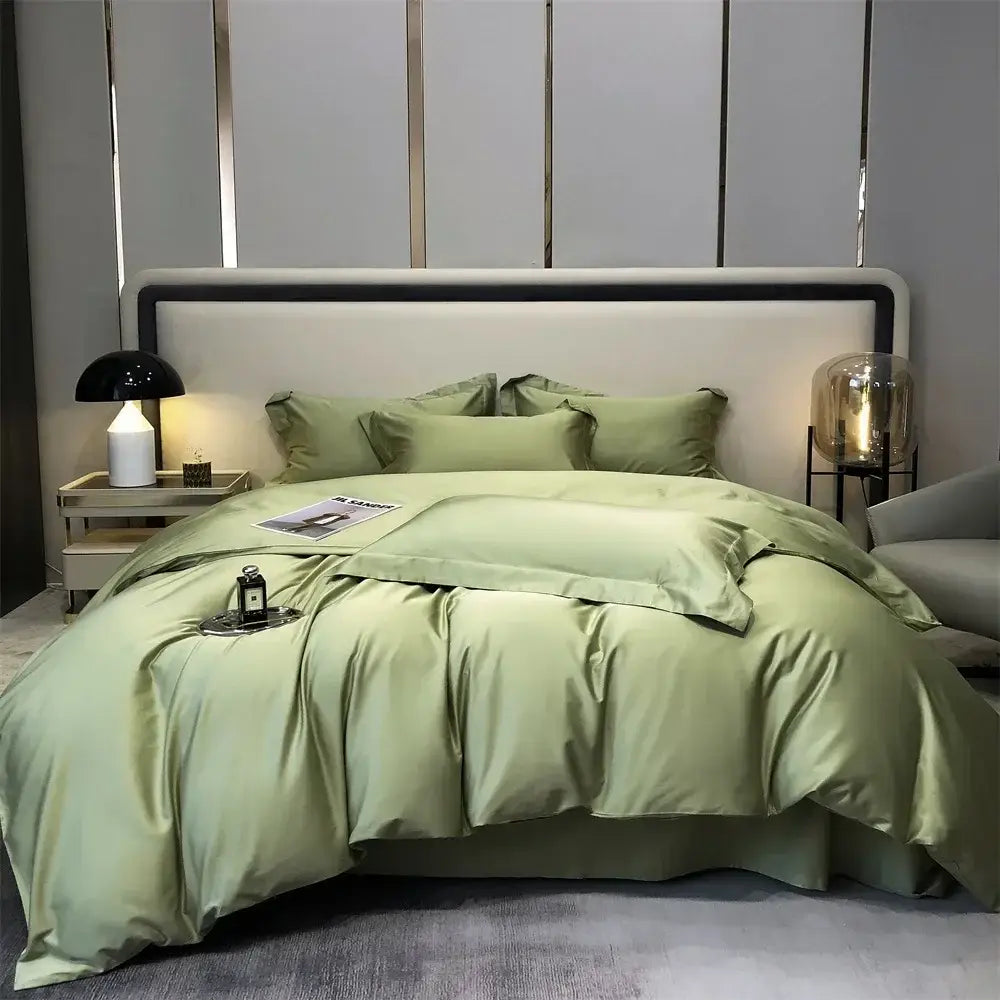 Luxury sage green satin duvet bedding set with matching pillowcases made from egyptian cotton bedding materials