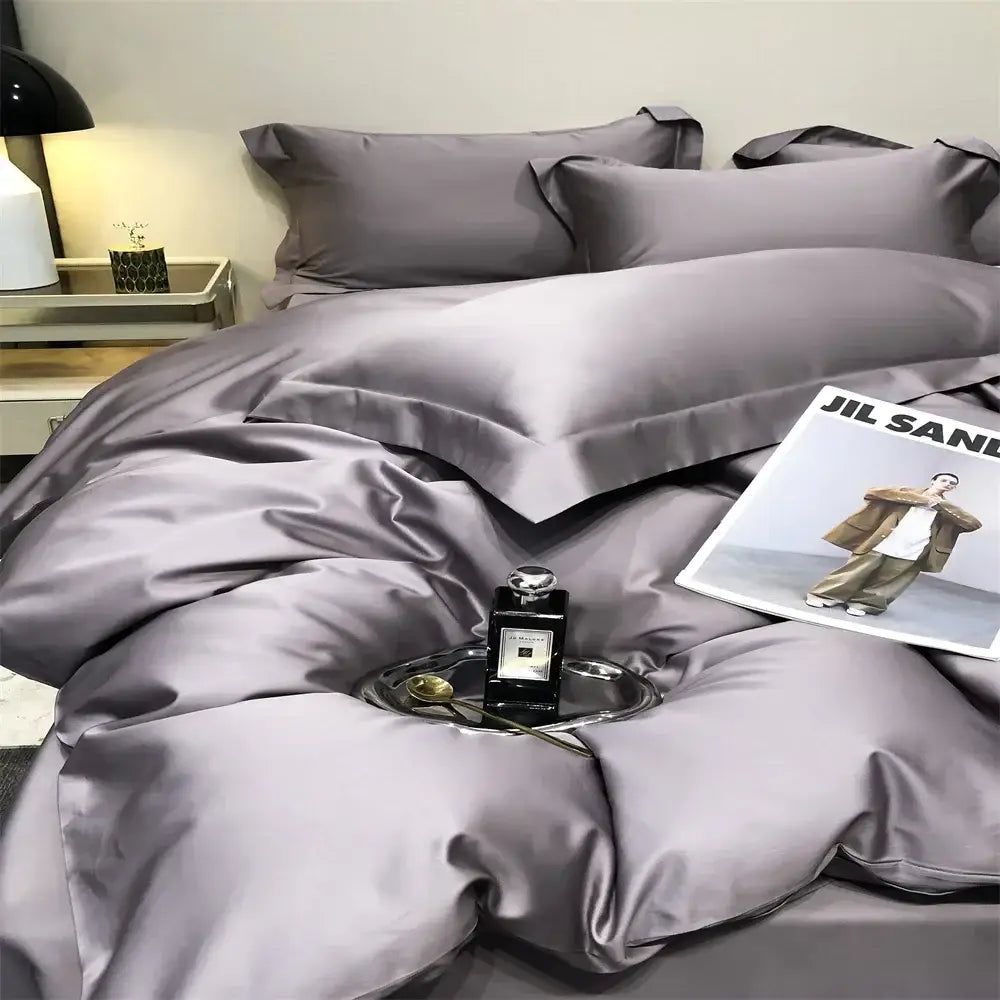 Luxurious gray satin egyptian cotton bedding set with smooth glossy finish ideal for elegant bedroom decor