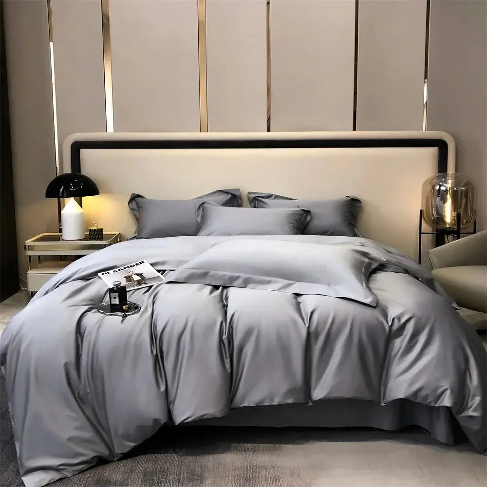 Luxury gray egyptian cotton bedding set featuring a satin finish with smooth duvet and matching pillowcases
