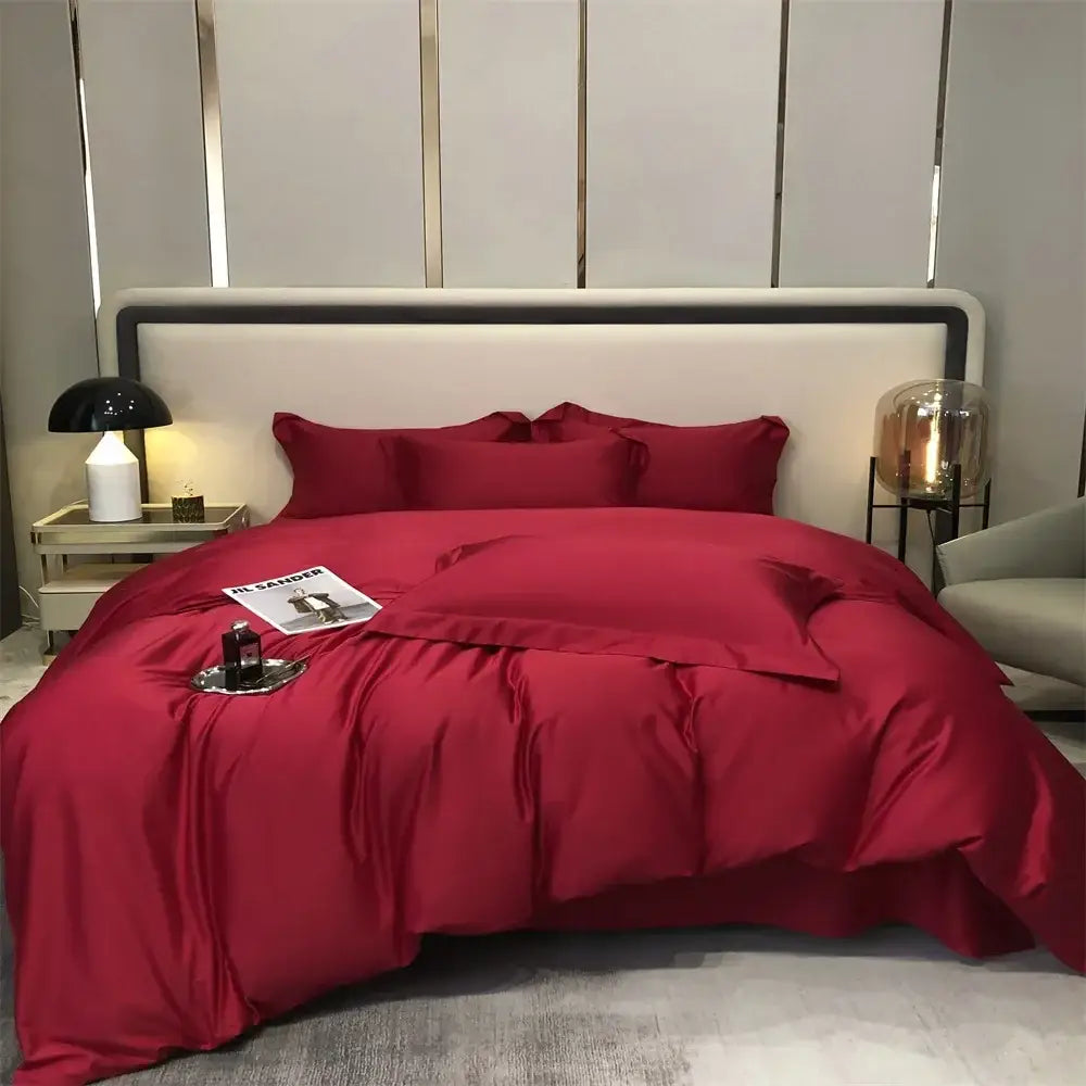 Luxury gray egyptian cotton bedding set with rich crimson satin bedding set and matching plush duvet cover
