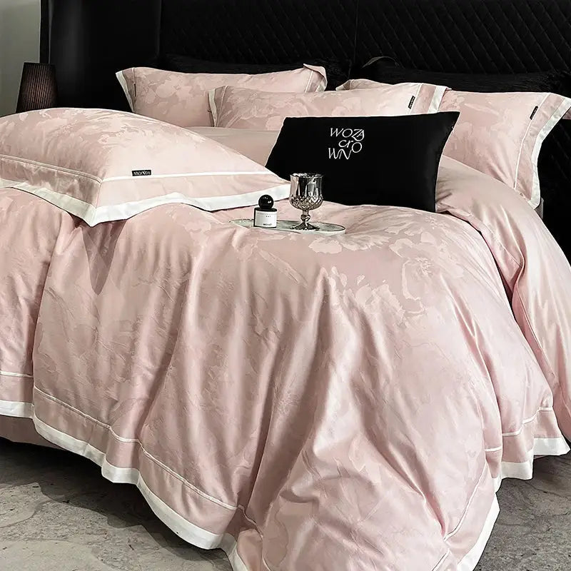 Luxury gray and gold egyptian cotton leopard bedding set with pink satin duvet cover featuring floral embroidery and white piping