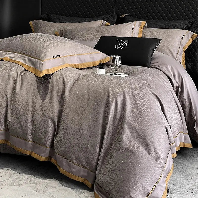 Luxury gray and gold egyptian cotton leopard bedding set with satin finish and cotton leopard jacquard texture