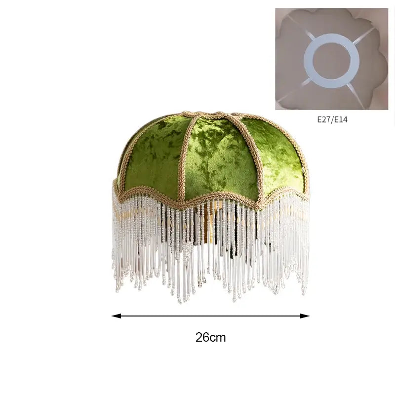 Luxury green velvet tasseling lampshade with gold trim and cascading crystal fringe for elegant bedroom decorbites green velvet