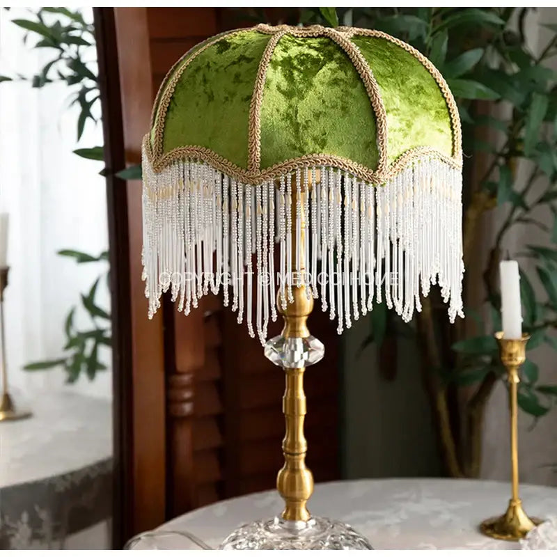 Elegant green velvet tasseling lampshade with crystal fringe on polished brass base for luxury decorbites green velvet decor