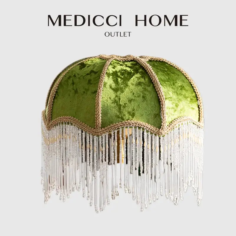 Luxury green velvet tasseling lampshade with gold trim and cascading crystal fringe for elegant bedroom decorbites green velvet