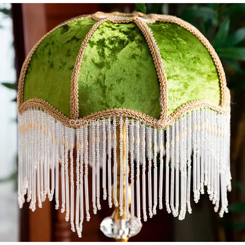 Luxury green velvet tasseling lampshade with gold braided trim and white beaded crystal fringe for decorbites green velvet decor