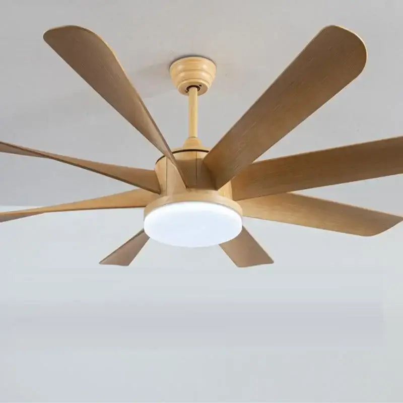 Modern luxury industrial ceiling fan with six light brown wooden blades and integrated LED light for hotel lobby use