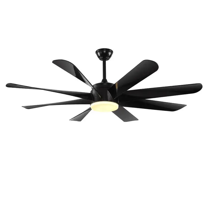 Black luxury industrial ceiling fan with sleek modern blades and central light fixture for hotel lobby use