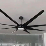 Luxury industrial black ceiling fan with sleek modern blades and central light fixture for hotel lobby use