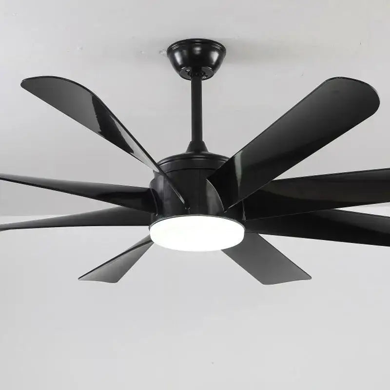 Luxury industrial ceiling fan with glossy black blades and central light fixture for hotel lobby use