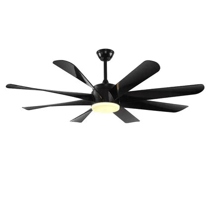 Luxury industrial ceiling fan in black with sleek modern blades and central light fixture for hotel lobby use