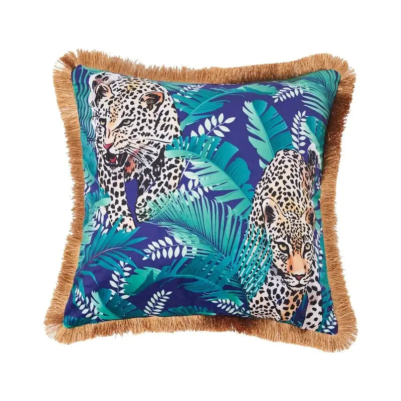 Luxury jungle animal collection cushion cover with vibrant leopards teal navy foliage and tan gold fringe decorbites jungle animal