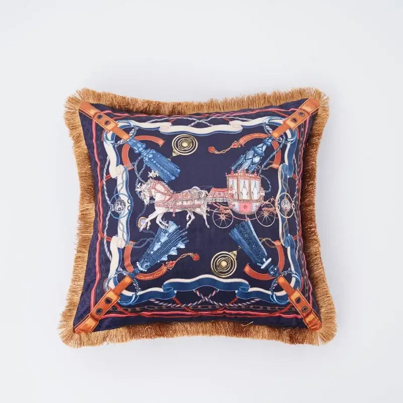 Navy blue cushion cover from decorbites jungle animal collection with detailed carriage print and tan gold fringed edges