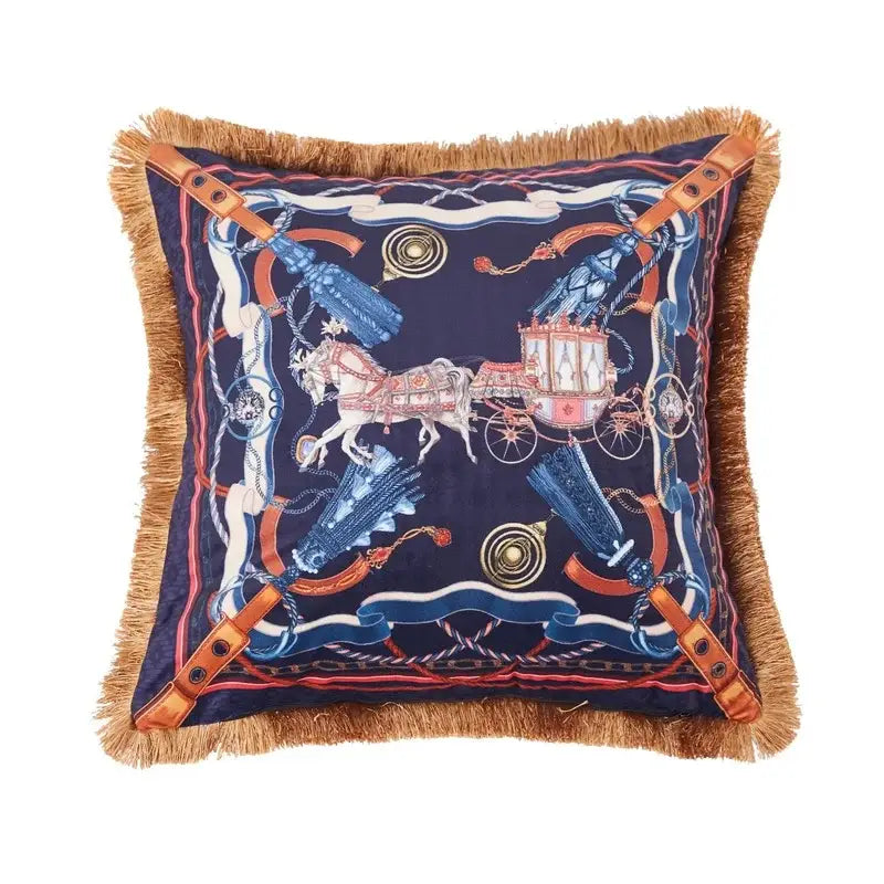 Navy blue silk cushion cover with carriage horse print tan leather straps and gold fringe from decorbites jungle animal collection