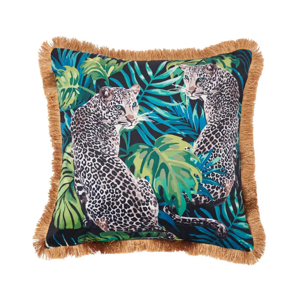Square cushion cover featuring two spotted leopards in decorbites jungle animal collection with gold fringe edge