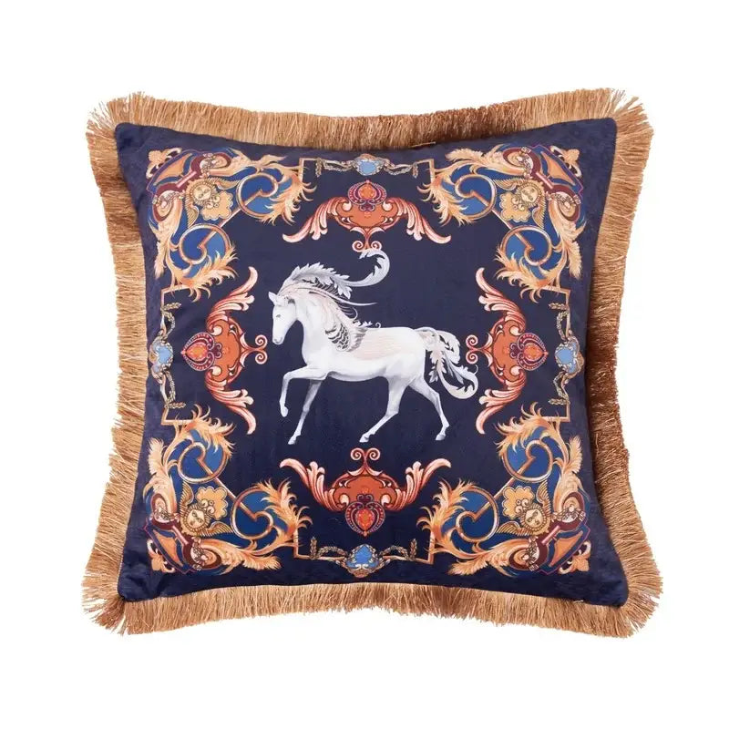 Navy blue cushion cover with white horse design and gold orange baroque border with tan fringe from decorbites jungle animal collection
