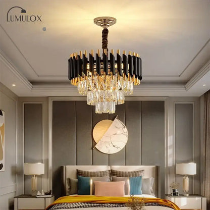 Black and gold modern DecorBites Nebra luxury k9 crystal chandelier with crystal droplets by lumulox