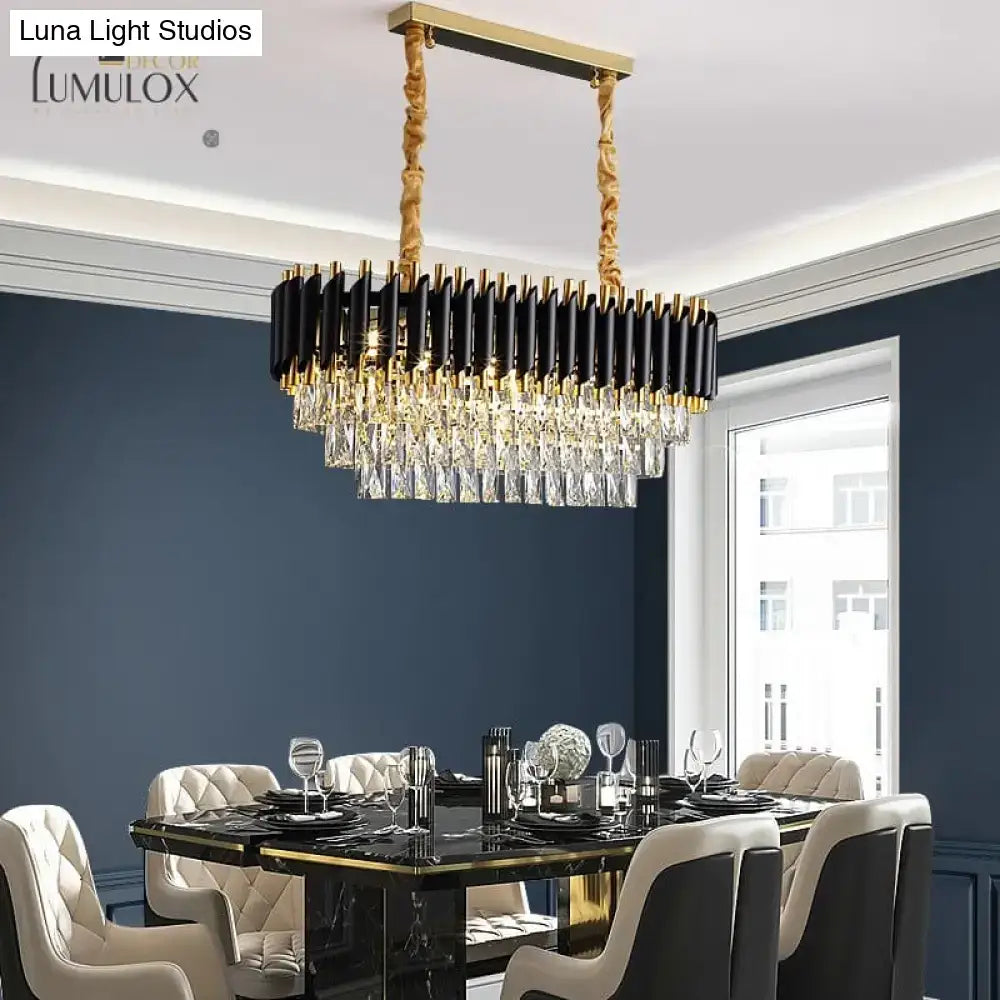 Black and gold rectangular DecorBites™ Nebra luxury k9 crystal chandelier with crystal droplets on twisted rope chains