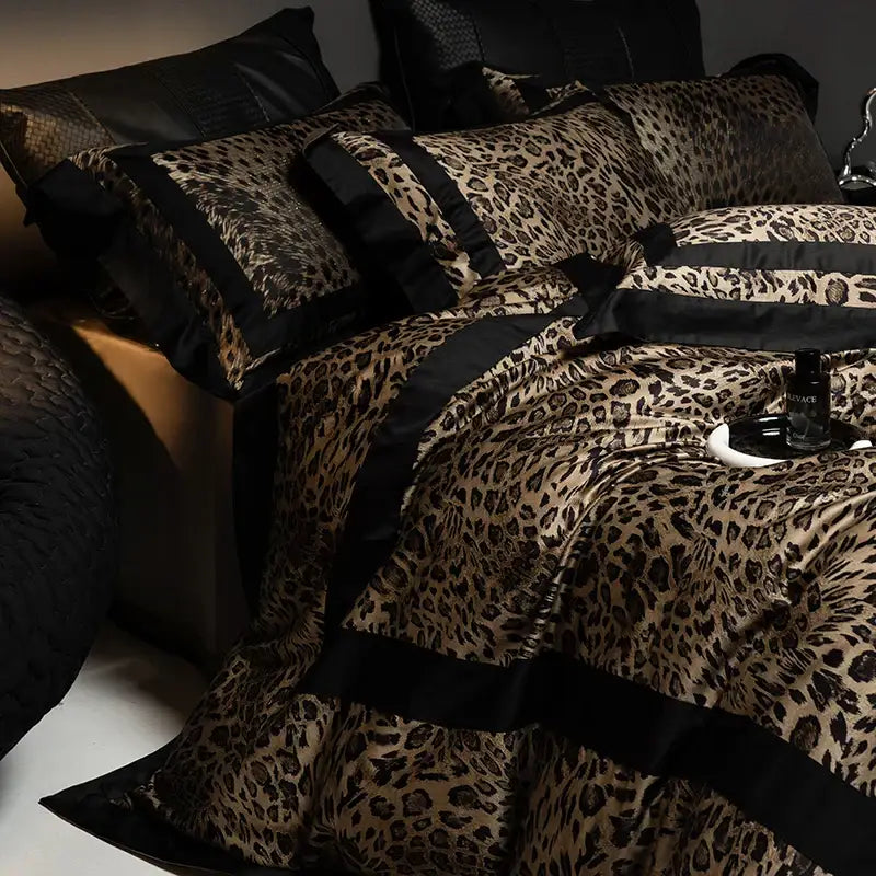 Luxury leopard print satin bedding set with black trim featuring decorbites leopard print for elegant bedroom decor