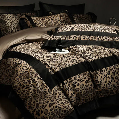 Luxury leopard print bedding set with black satin trim featuring decorbites leopard print for elegant bedroom decor