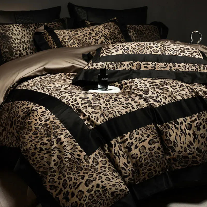 Luxury leopard print bedding set with black satin trim featuring decorbites leopard print for elegant bedroom decor