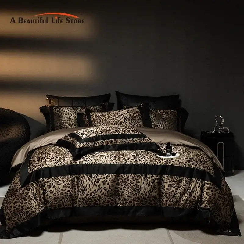Luxury leopard print bedding set with black satin trim featuring decorbites leopard print for stylish bedroom decor