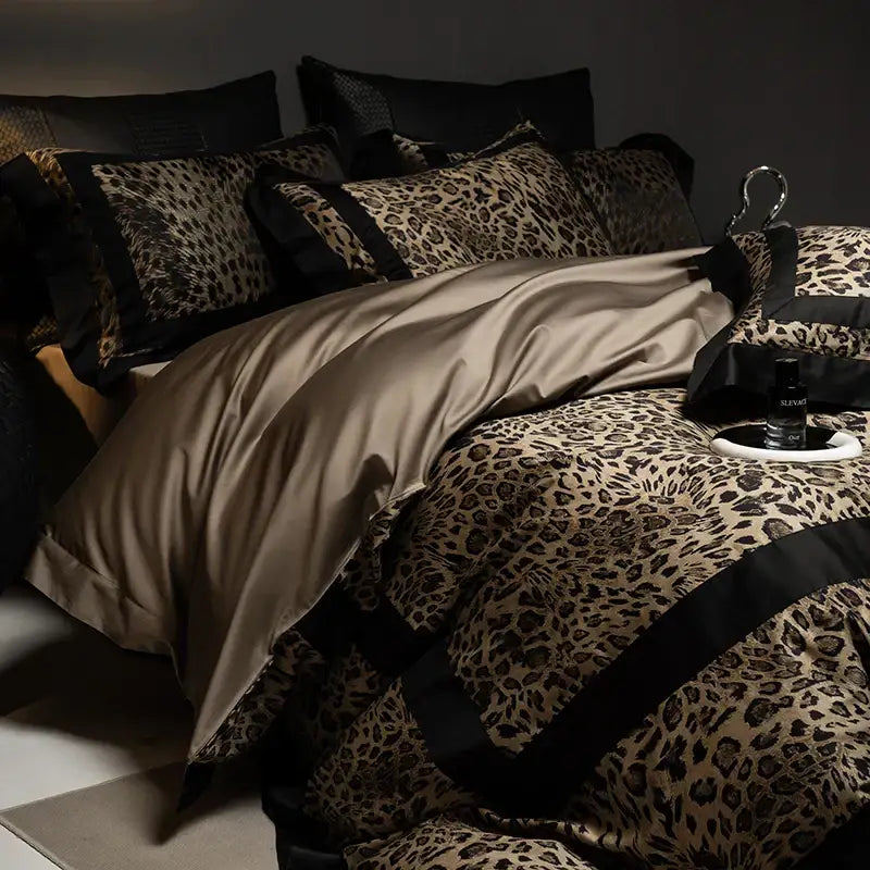 Luxury leopard print bedding set with black satin trim and matching duvet cover for elegant bedroom decorbites decor
