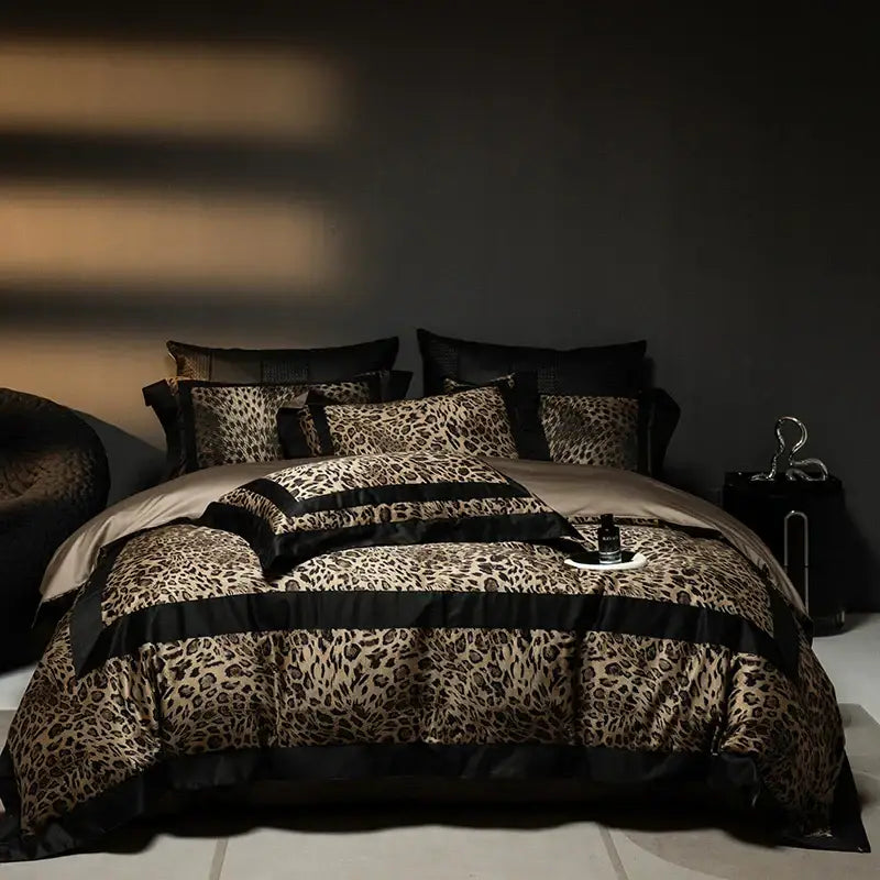 Luxury leopard print bedding set with black satin trim and beige base for elegant decorbites leopard print bedroom decor