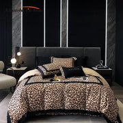Luxury leopard print lyocell cotton bedding set with black trim and satin finish for elegant bedroom decorbites decor