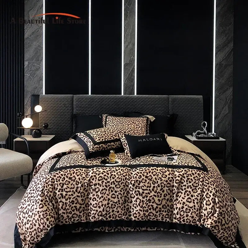 Luxury leopard print lyocell cotton bedding set with black trim and satin finish for elegant bedroom decorbites decor